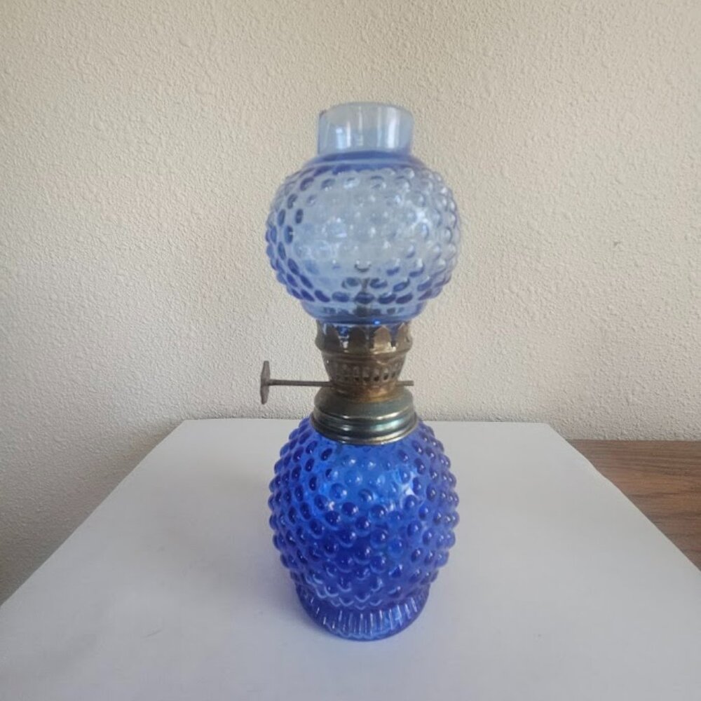 Vintage Blue Miniature Hobnail Glass Oil Lamp